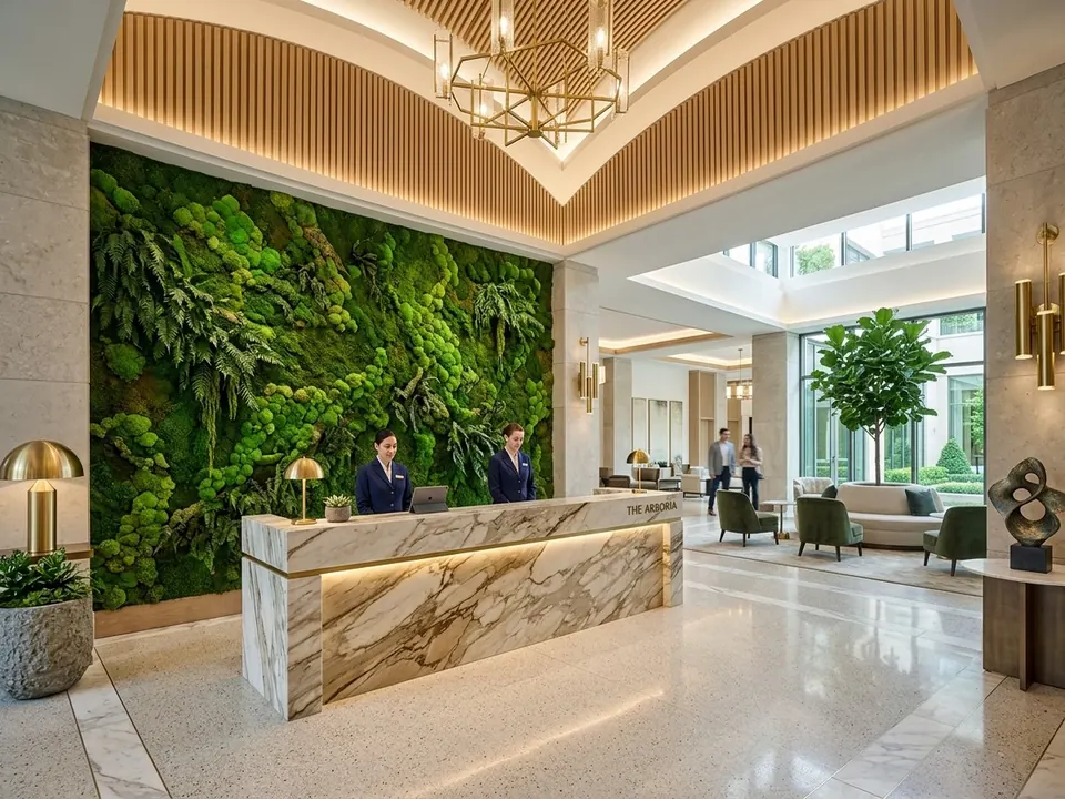 Lüks Otel Resepsiyon ve Lobi Mermer Banko Yosun Duvarı